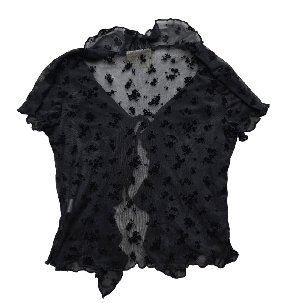 French Pastry Sheer Mesh Flocked Floral Tie Front Ruffle Cardigan Black Women XS